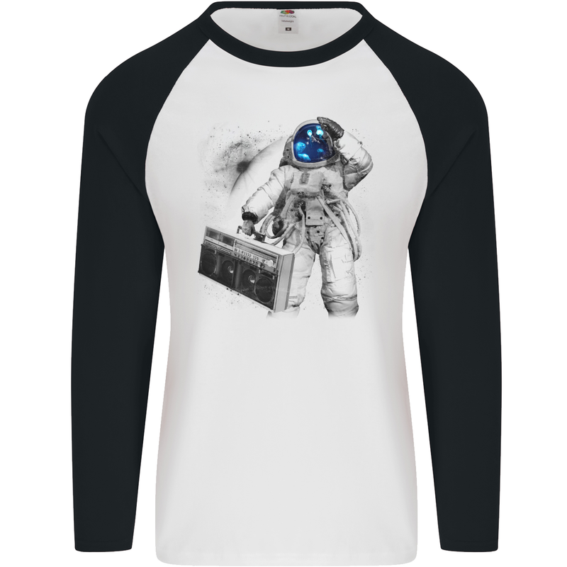Space Ghetto Blaster Astronaut Music Mens L/S Baseball T-Shirt White/Black