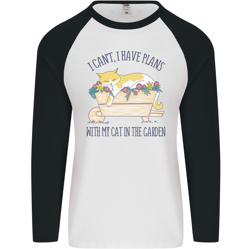 Plans With My Cat in the Garden Gardener Mens L/S Baseball T-Shirt White/Black
