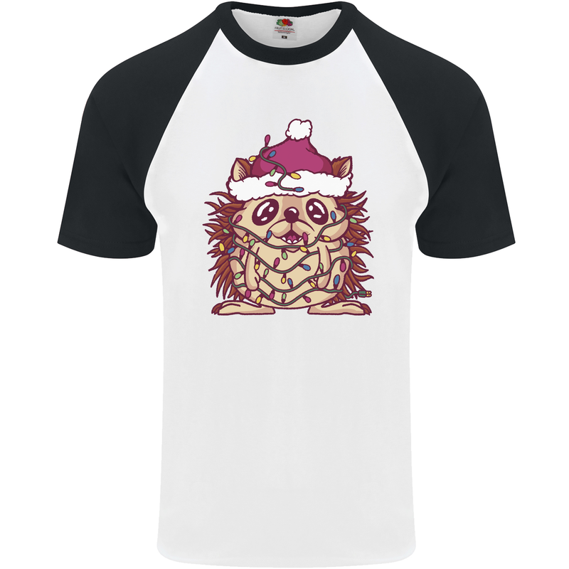 Christmas Hedgehog Wearing an Xmas Hat Mens S/S Baseball T-Shirt White/Black