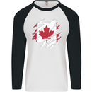 Torn Canada Flag Canadian Day Football Mens L/S Baseball T-Shirt White/Black