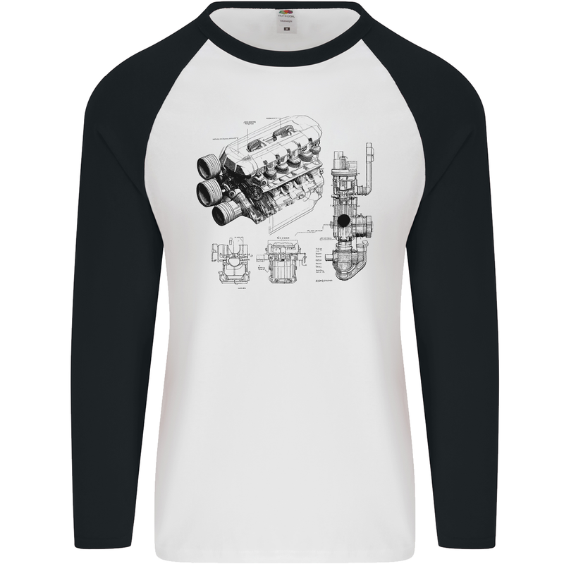 Car Engine Blueprints Petrolhead Mens L/S Baseball T-Shirt White/Black