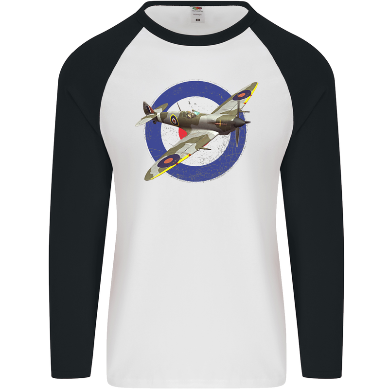 Spitfire MOD RAF WWII Fighter Plane British Mens L/S Baseball T-Shirt White/Black