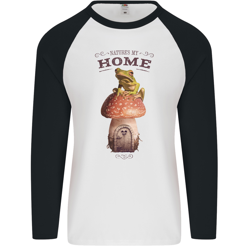 Nature My Home Mushroom Frog Mens L/S Baseball T-Shirt White/Black