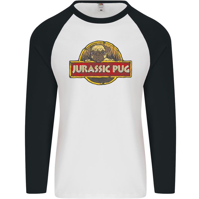 Jurassic Pug Funny Dog Movie Parody Mens L/S Baseball T-Shirt White/Black