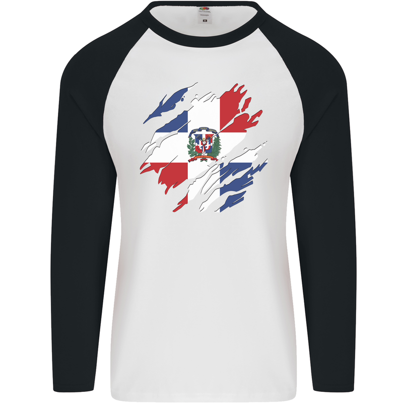 Torn Dominican Republic Flag Dominicanos Day Mens L/S Baseball T-Shirt White/Black