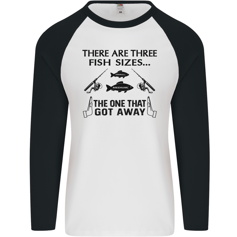 Three Fish Sizes Funny Fishing Fisherman Mens L/S Baseball T-Shirt White/Black