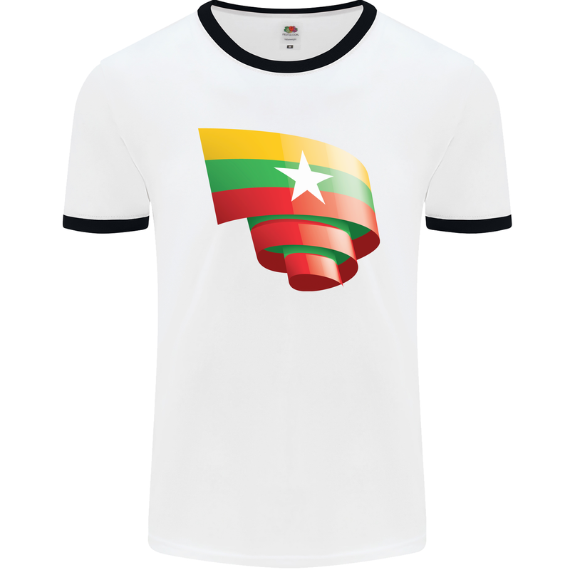 Curled Myanmar Flag Burmese Day Football Mens Ringer T-Shirt White/Black