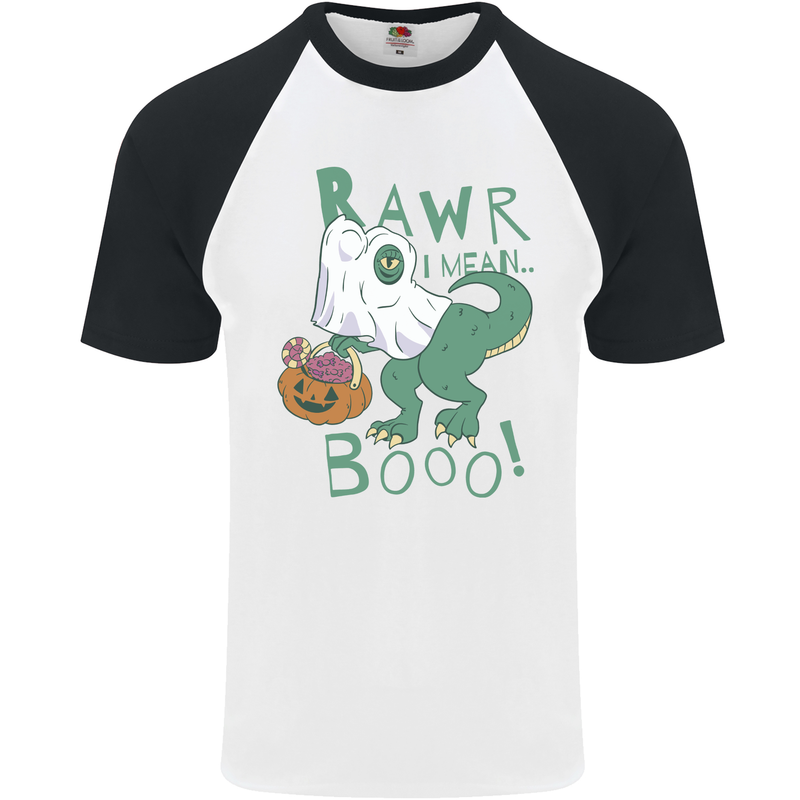 T-Rex RAWR I Mean Booo Halloween Dinosaur Mens S/S Baseball T-Shirt White/Black