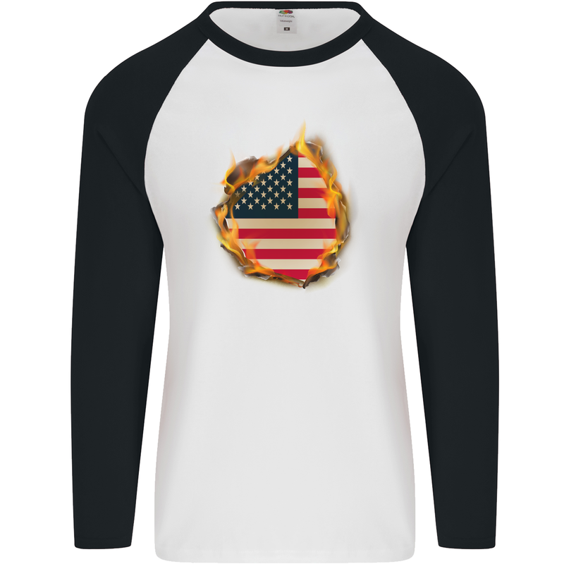 The Stars & Stripes American Flag Fire USA Mens L/S Baseball T-Shirt White/Black
