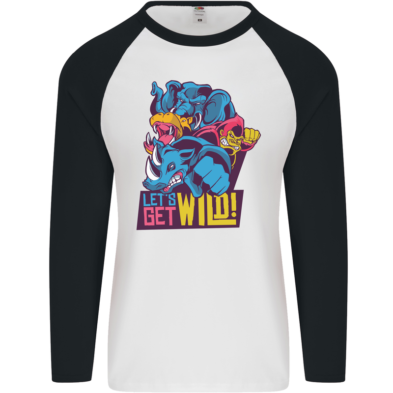 Lets Get Wild Rhino Gorilla Elephant Hippo Mens L/S Baseball T-Shirt White/Black