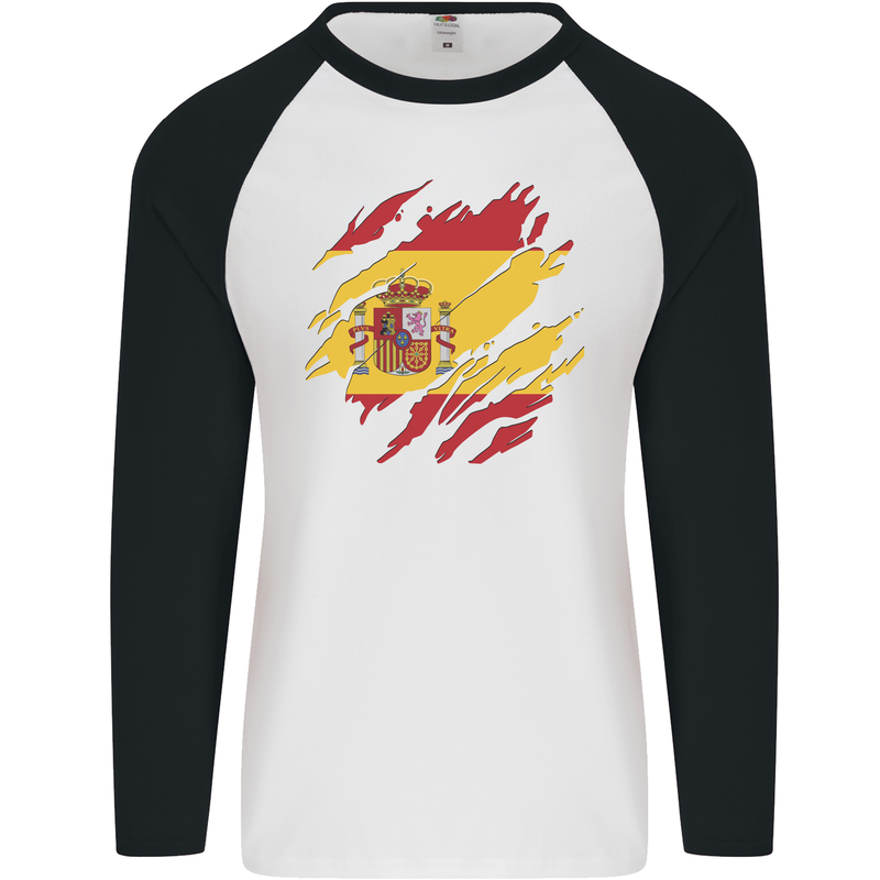 Torn Spain Flag Spanish Day Football Mens L/S Baseball T-Shirt White/Black