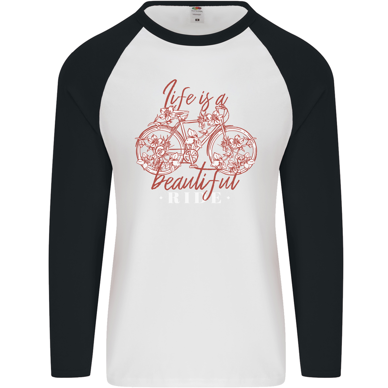 Life is a Beautiful Ride Cycling Bicycle Mens L/S Baseball T-Shirt White/Black