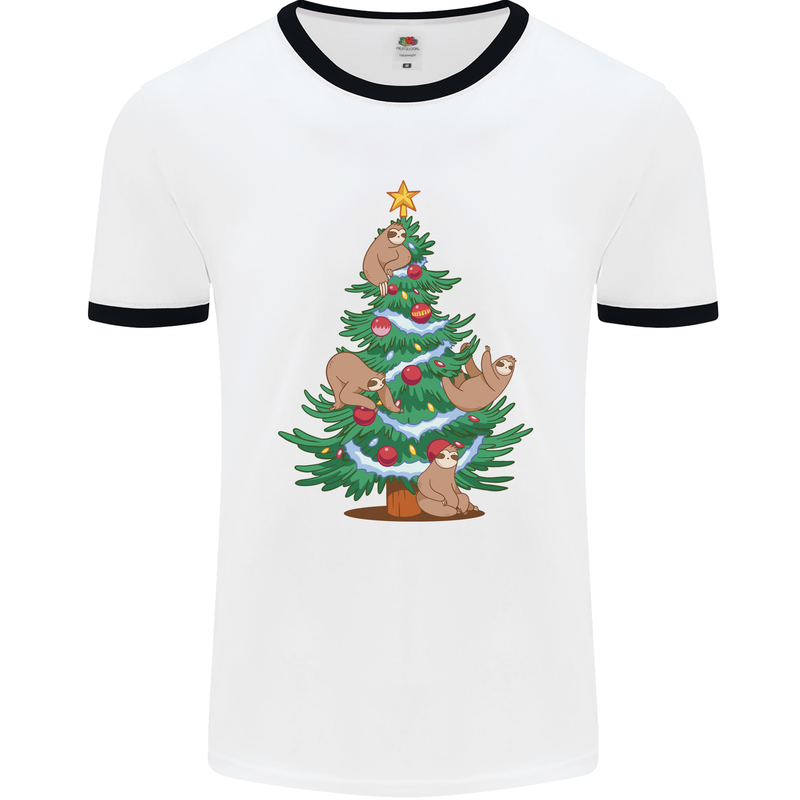 Sloth Christmas Tree Xmas Mens Ringer T-Shirt White/Black