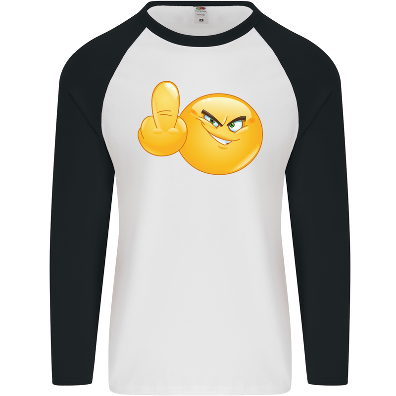 Emoji Middle Finger Flip Funny Offensive Mens L/S Baseball T-Shirt White/Black