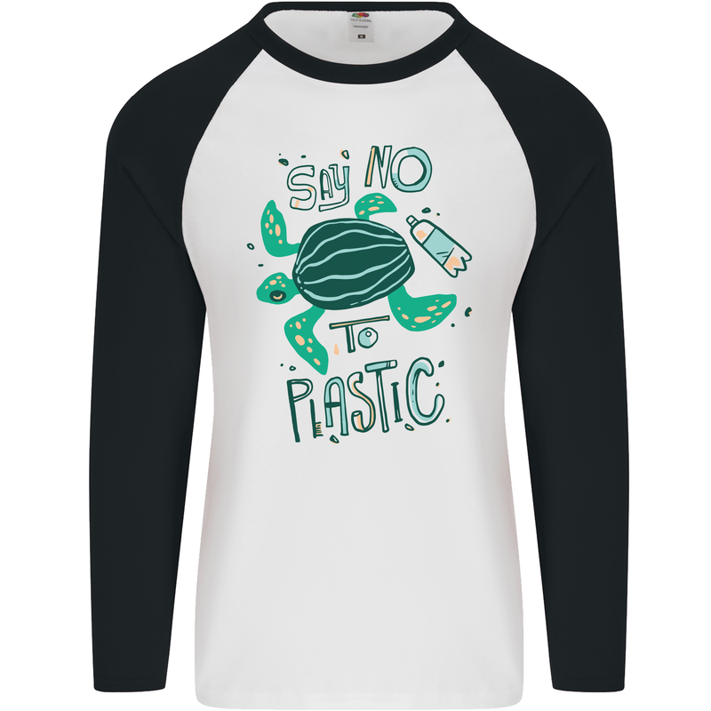 Climate Change Say No To Plastic Mens L/S Baseball T-Shirt White/Black