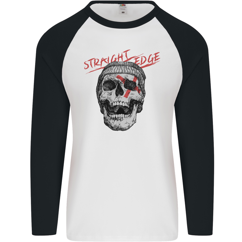 Straight Edge Skull Biker Motorcycle Mens L/S Baseball T-Shirt White/Black