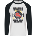 Raising the Steaks Funny BBQ Grill Mens L/S Baseball T-Shirt White/Black