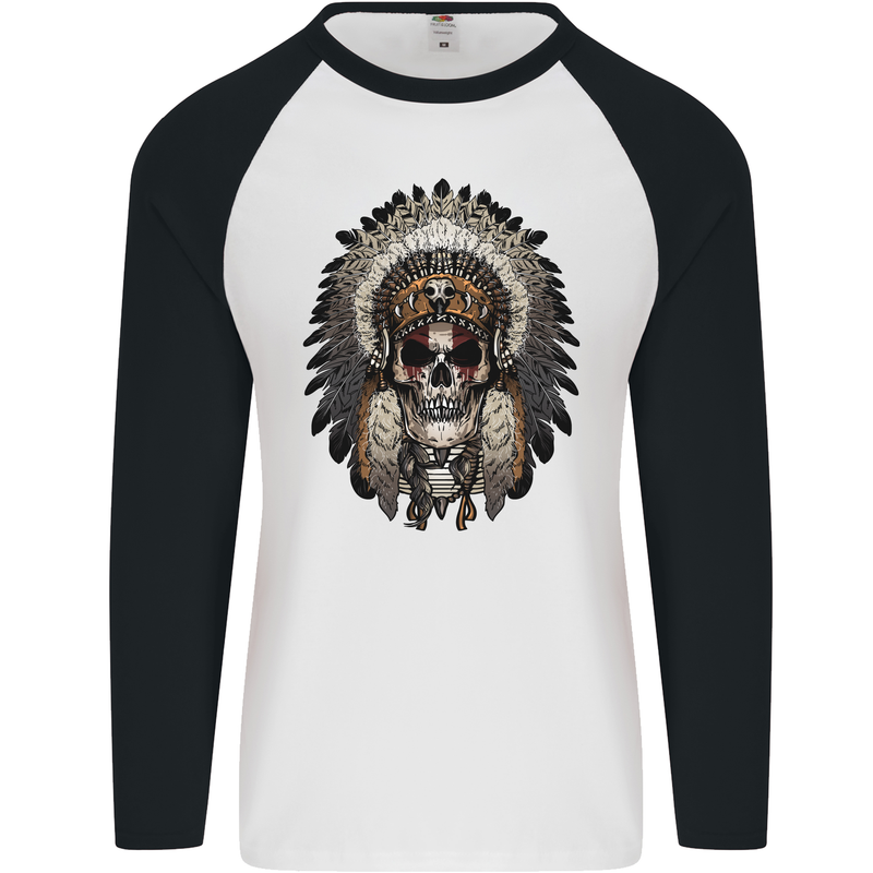 Native American Indian Skull Headdress Mens L/S Baseball T-Shirt White/Black