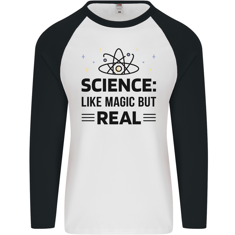 Science Like Magic But Real Funny Geek Nerd Mens L/S Baseball T-Shirt White/Black