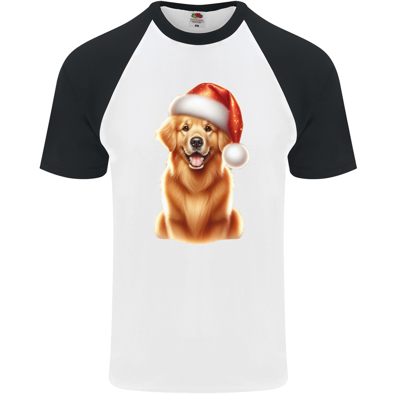 Christmas Golden Retriever Dog Xmas Hat Mens S/S Baseball T-Shirt White/Black