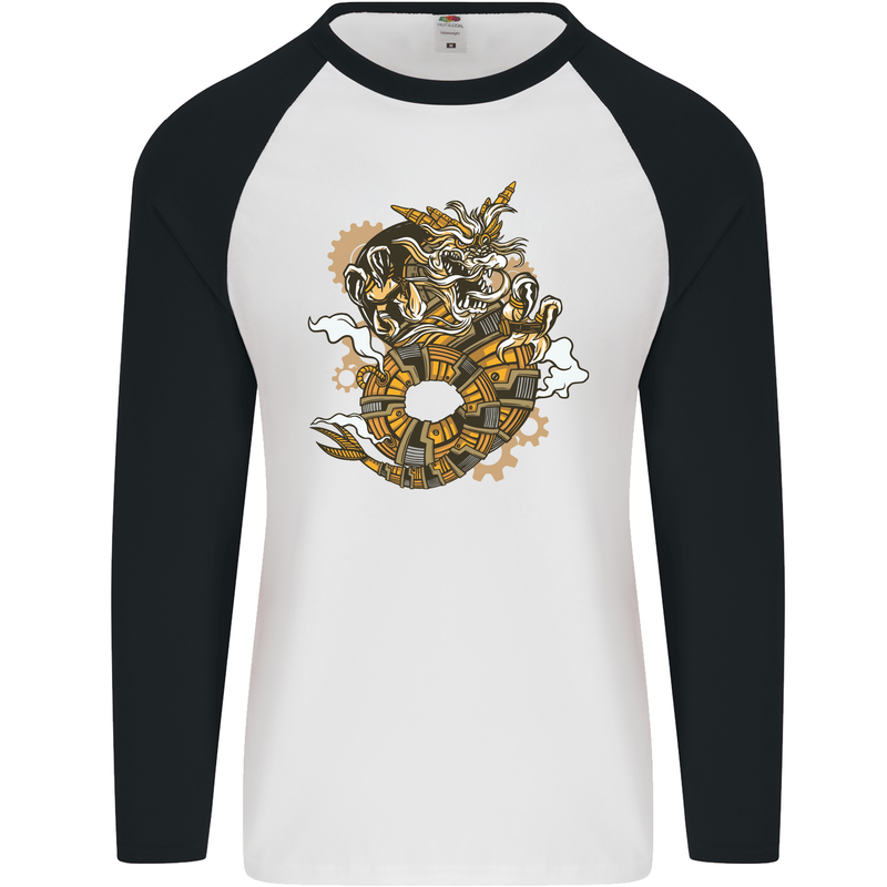 Steampunk Dragon Mens L/S Baseball T-Shirt White/Black