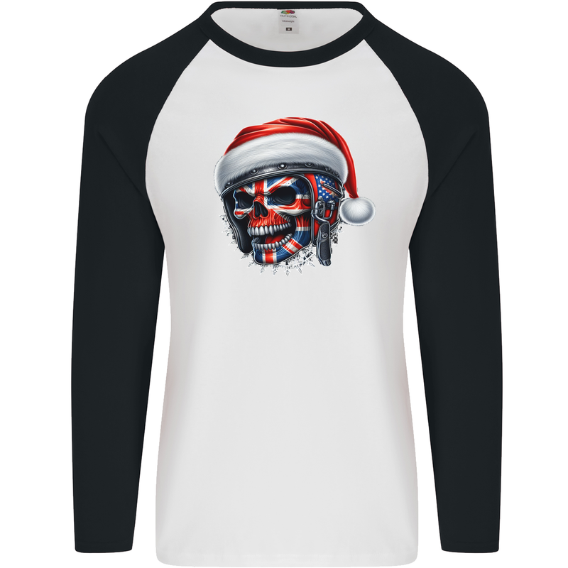 Union Jack Christmas Biker Skull British Flag Mens L/S Baseball T-Shirt White/Black