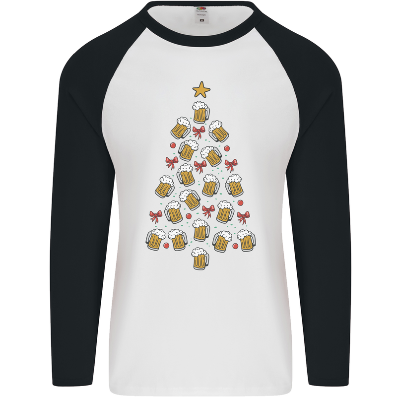 Beer Christmas Tree Mens L/S Baseball T-Shirt White/Black