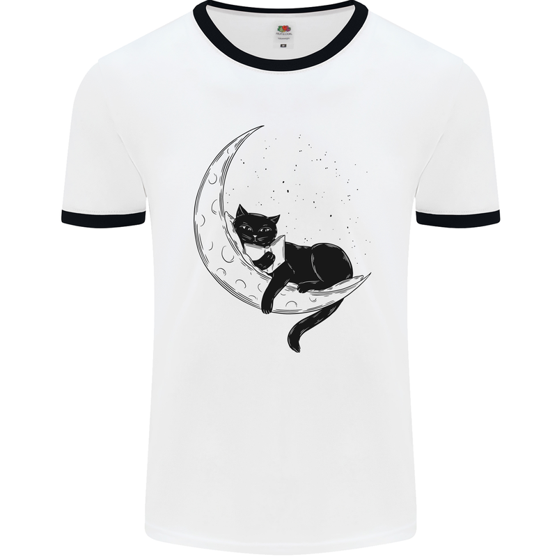 A Cat Reading a Book on the Moon Mens Ringer T-Shirt White/Black