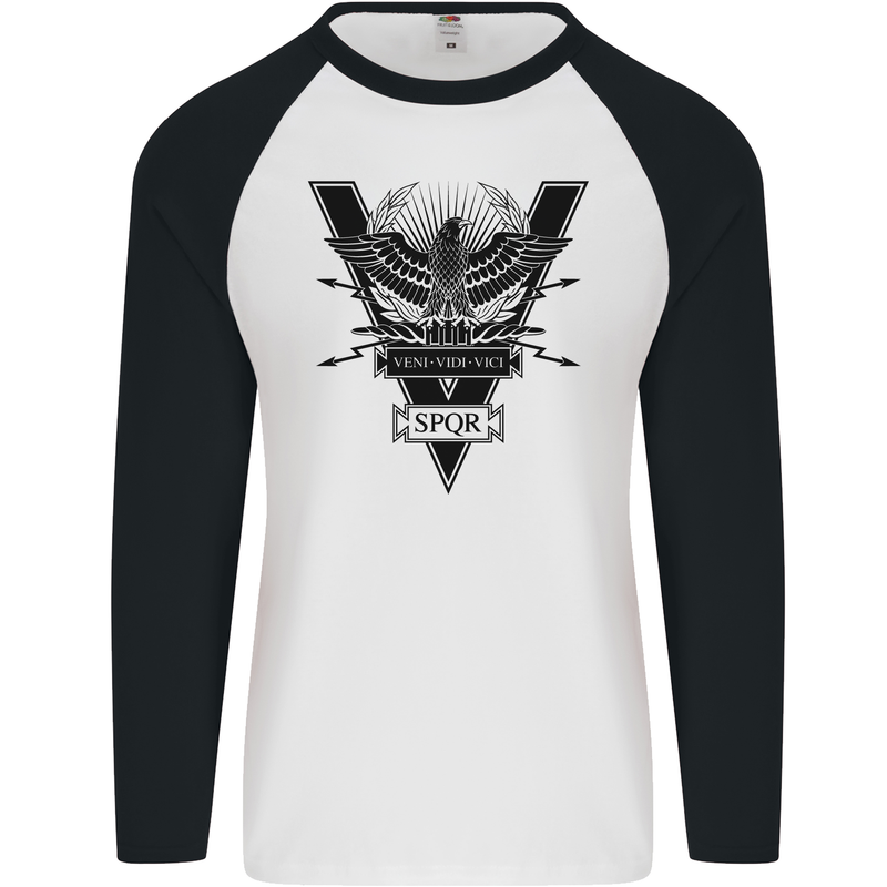 Gym Training Top Weightlifting SPQR Roman Mens L/S Baseball T-Shirt White/Black