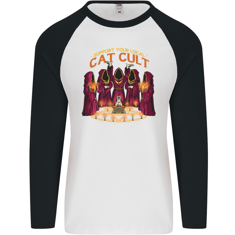 Cat Cult Evil Feline Devil Worship Satanic Mens L/S Baseball T-Shirt White/Black