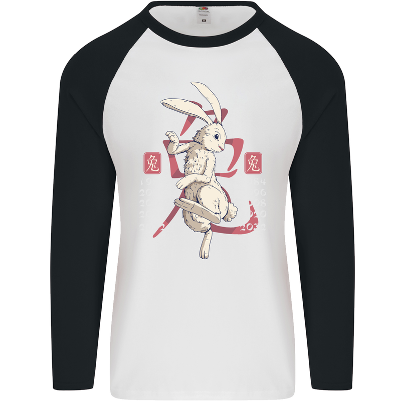 Chinese Zodiac Shengxiao Year of the Rabbit Mens L/S Baseball T-Shirt White/Black