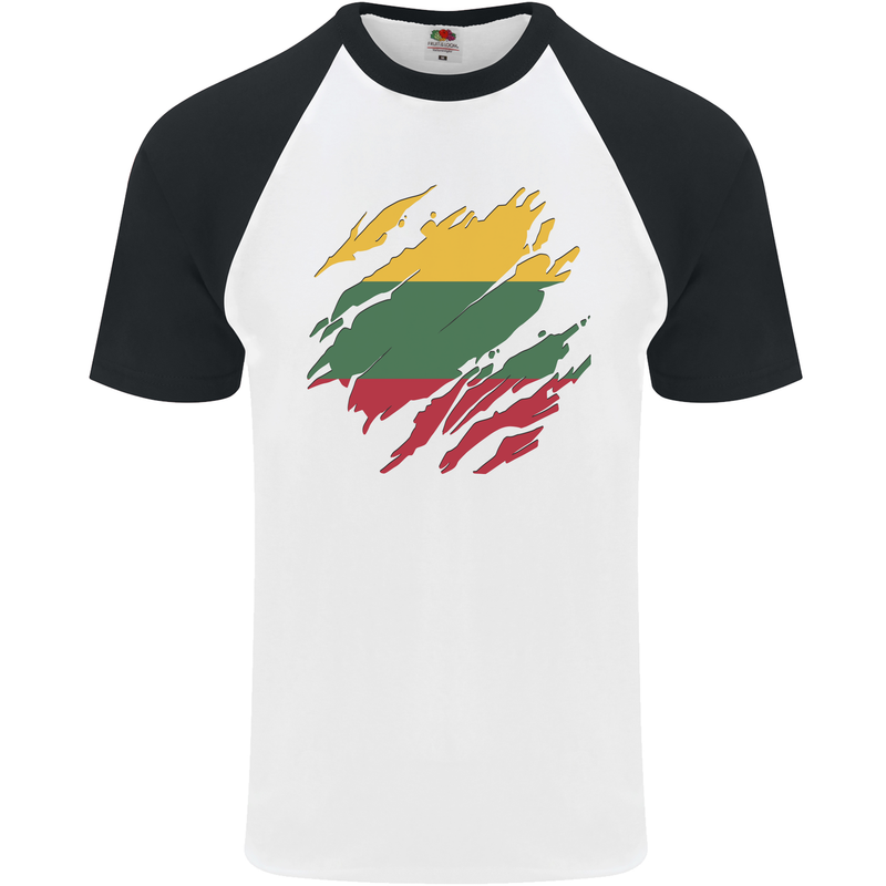 Torn Lithuania Flag Lithuania Day Football Mens S/S Baseball T-Shirt White/Black