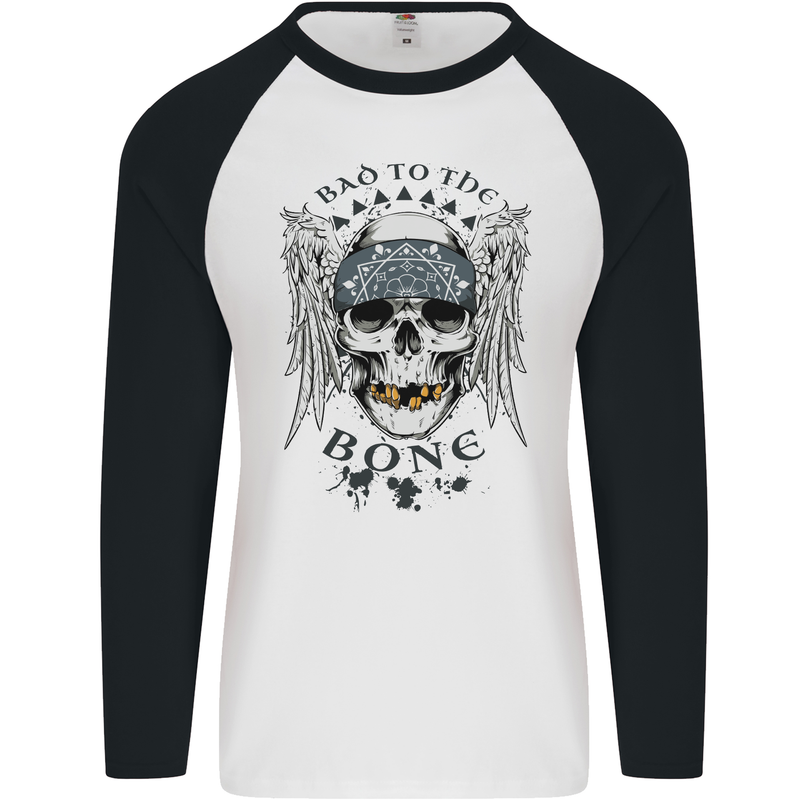 Bad to the Bone Biker Skull Angel Motorbike Mens L/S Baseball T-Shirt White/Black