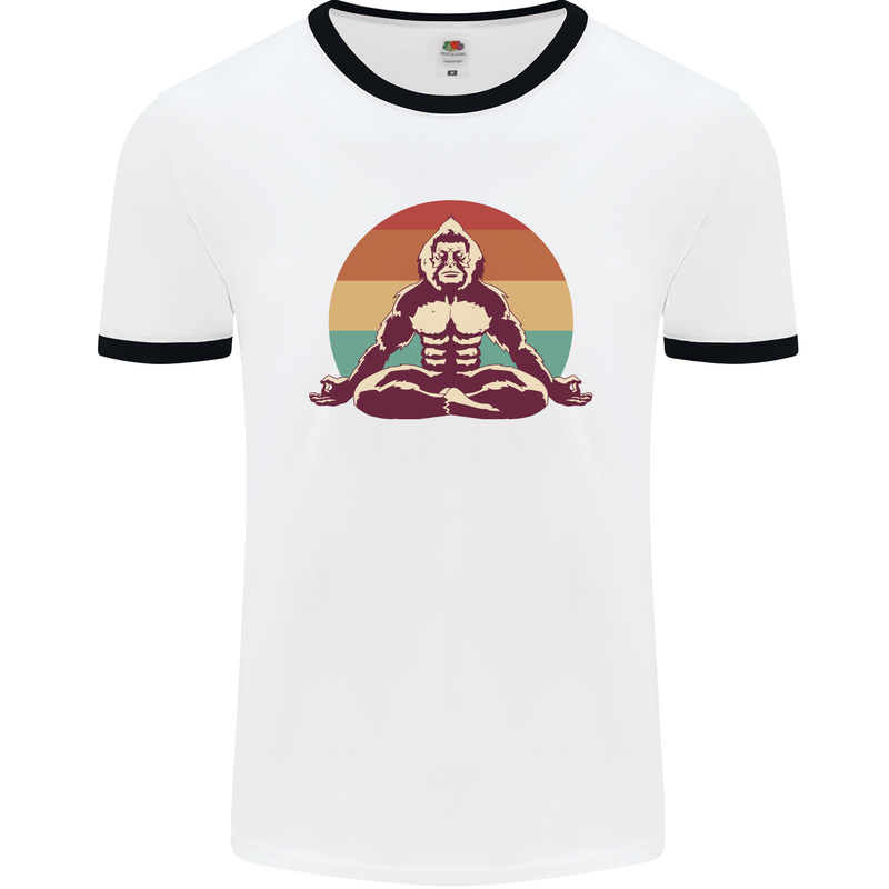 Meditating Bigfoot Yoga Mens Ringer T-Shirt White/Black