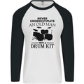 Old Man Drumming Drum Kit Drummer Funny Mens L/S Baseball T-Shirt White/Black