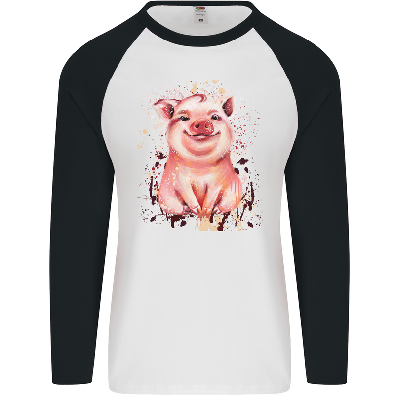 Watercolour Pig Mens L/S Baseball T-Shirt White/Black