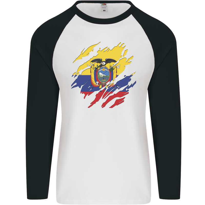 Torn Ecuador Flag Ecuadorian Day Football Mens L/S Baseball T-Shirt White/Black