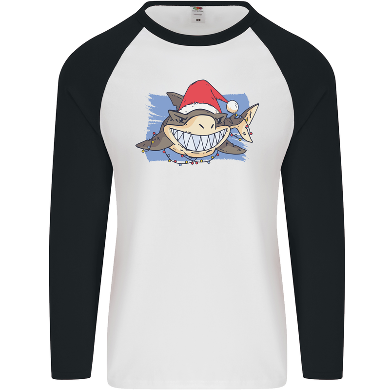 A Christmas Shark Wearing an Xmas Hat Mens L/S Baseball T-Shirt White/Black