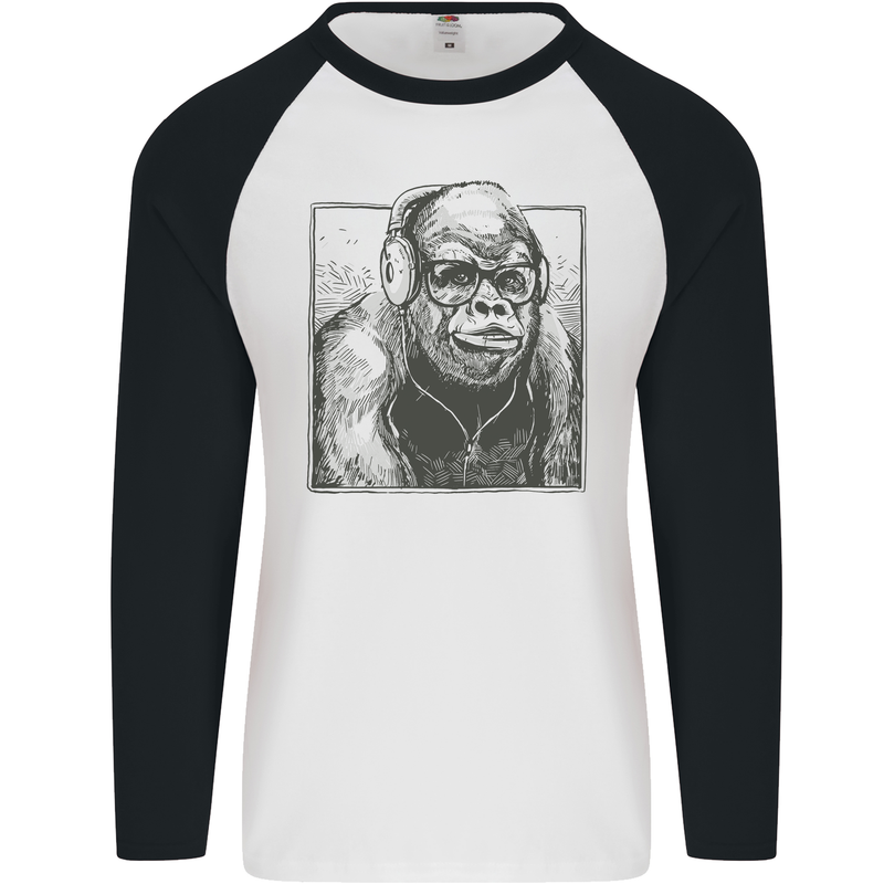 Gorilla with Headphones DJ Dance Music Mens L/S Baseball T-Shirt White/Black