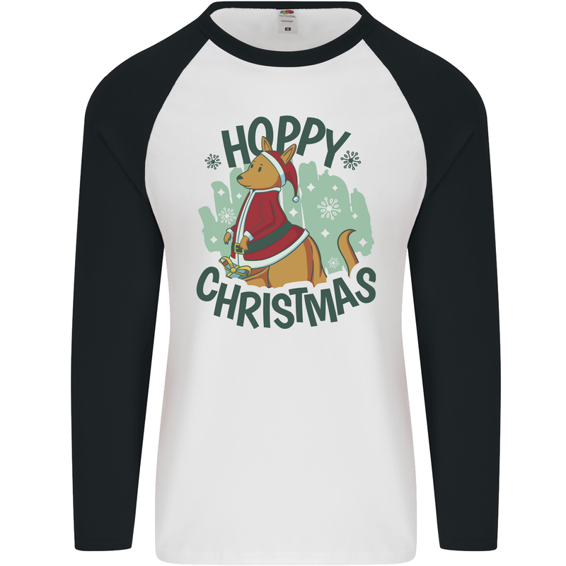 Hoppy Christmas Funny Kangaroo Xmas Mens L/S Baseball T-Shirt White/Black