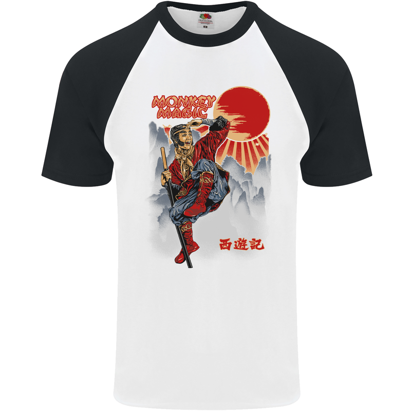 Monkey Magic Retro 70s Martial Arts TV Mens S/S Baseball T-Shirt White/Black