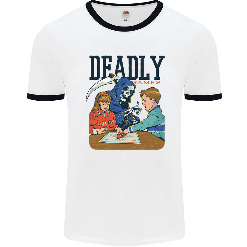 Deadly Games Ouija Board For Kids Grim Reaper Mens Ringer T-Shirt White/Black