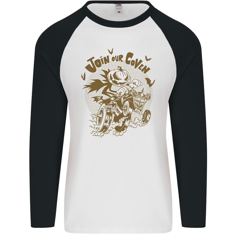 Join Our Coven Funny Halloween Pumpkin Mens L/S Baseball T-Shirt White/Black