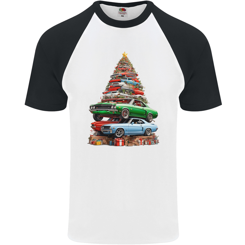 Muscle Car Christmas Tree Xmas Classic Mens S/S Baseball T-Shirt White/Black