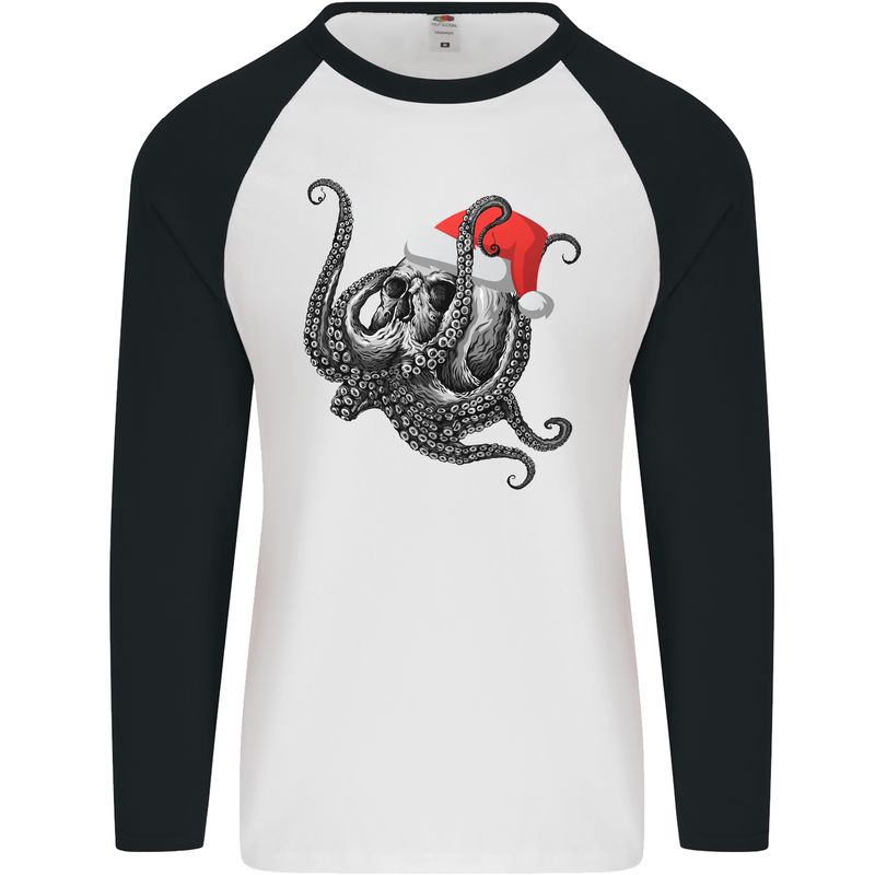 Christmas Cthulhu Skull Mens L/S Baseball T-Shirt White/Black