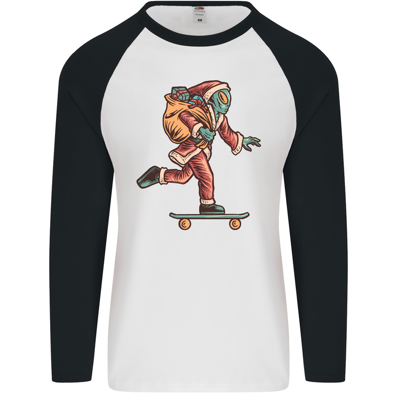 Funny Santa Clause Alien on a Skateboard Mens L/S Baseball T-Shirt White/Black