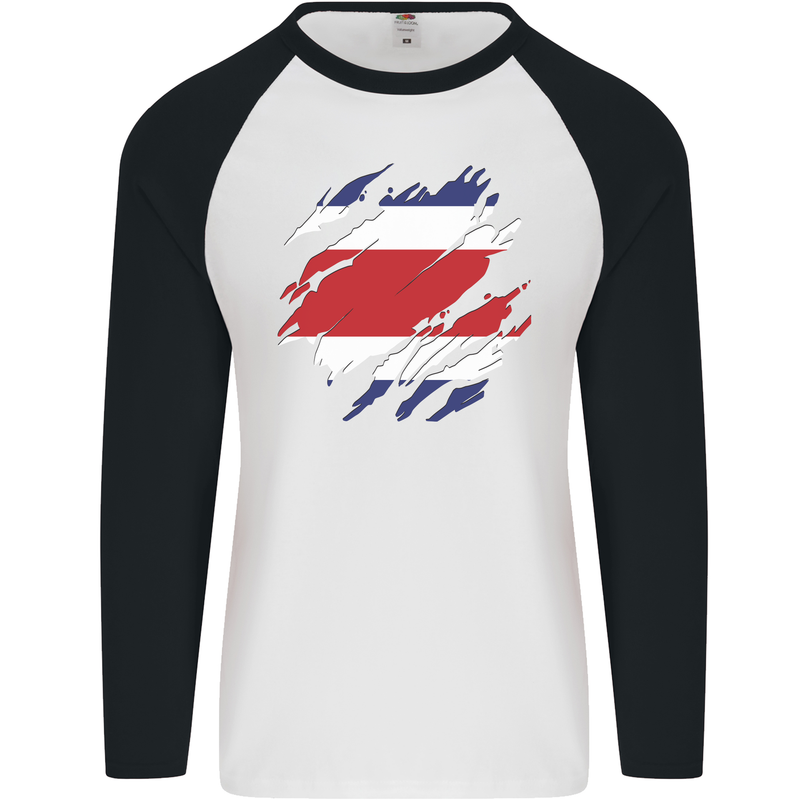 Torn Costa Rica Flag Rican Day Football Mens L/S Baseball T-Shirt White/Black