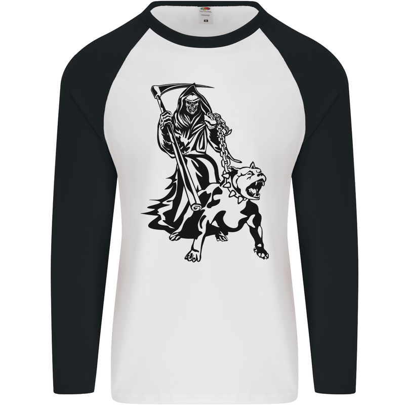 Pitbull Grim Reaper Dog Skull Satan Demon Mens L/S Baseball T-Shirt White/Black