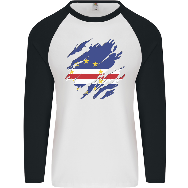 Torn Cape Verde Flag Verdean Day Football Mens L/S Baseball T-Shirt White/Black