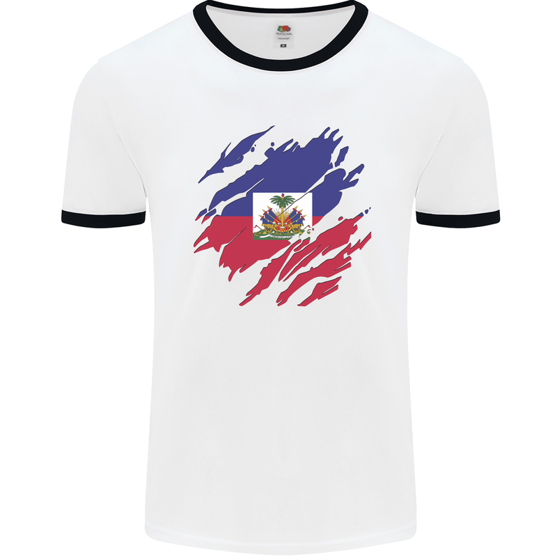 Torn Haiti Flag Haitian Day Football Mens Ringer T-Shirt White/Black